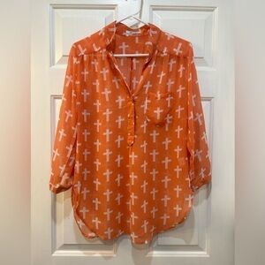 Women's Semi Sheer Blouse Cross Novelty Print Roll Tab Sleeve Peachy Orange Sz M